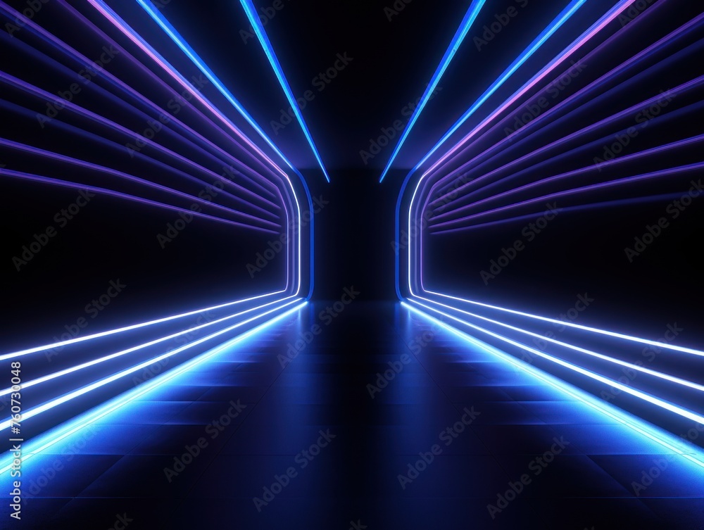 Naklejka premium Navy Blue neon tunnel entrance path design seamless tunnel lighting neon linear strip