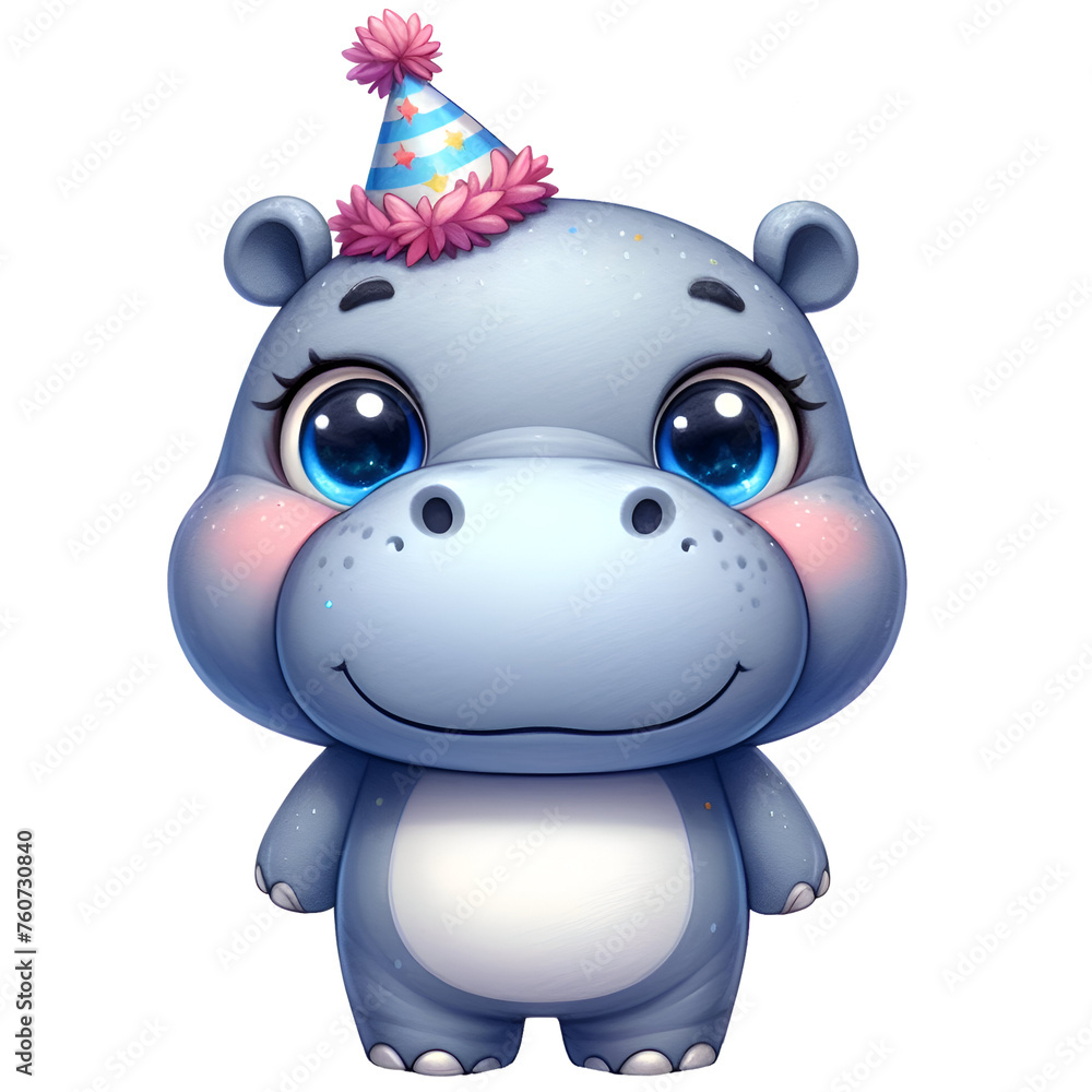 Naklejka premium Cute Birthday Hippo Clipart Bundle Kawaii Baby Animals with Baby Shower PNG Kawaii Nursery Clipart for Invitation Cards Junk Journal Craft