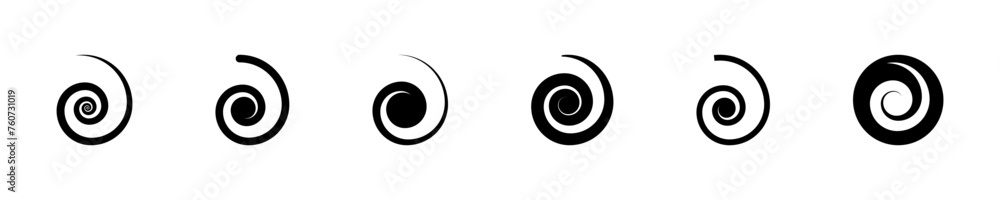 Set of spiral shape vector icons. Black swirl or twirl element. Whirl or rotation shape. Vector 10 Eps. Set of spiral shape vector icons. Black swirl or twirl element. Whirl or rotation shape. Vector 10 Eps.