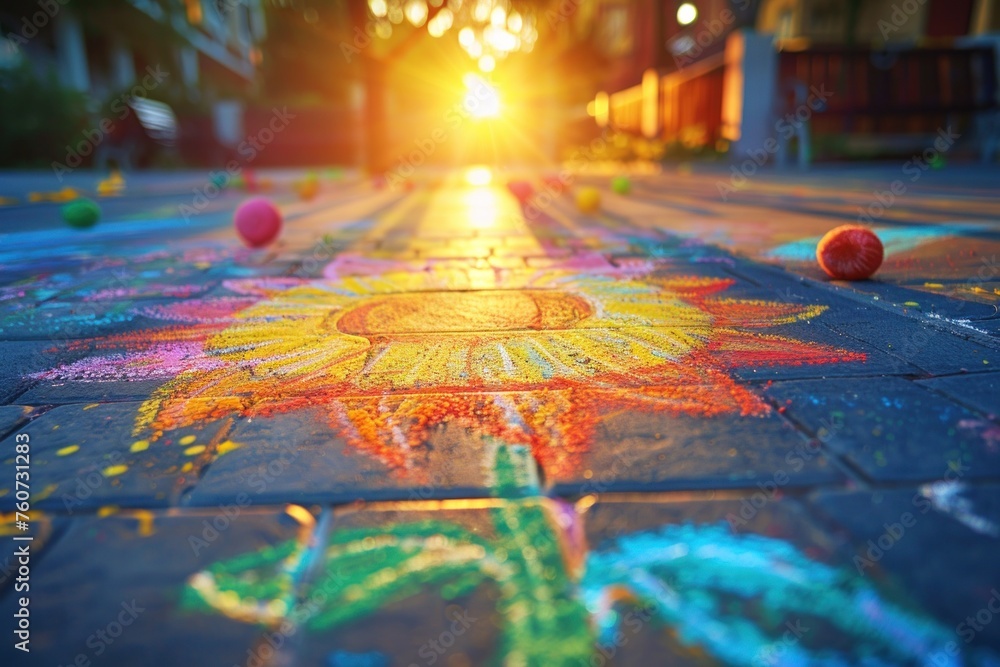 Sunlight shining over a vibrant chalk drawing on pavement, with scattered chalk balls.