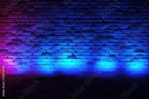 Neon colorful blue lighting on a brick wall pattern photo background