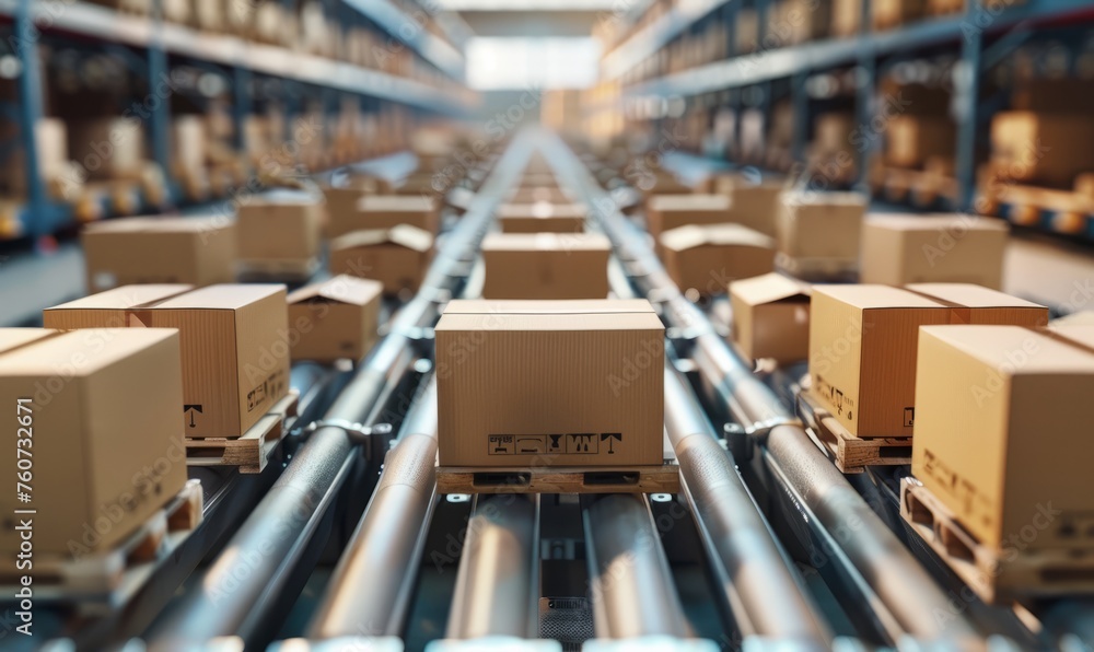 Closeup of multiple cardboard box packages seamlessly moving along a conveyor belt in a warehouse fulfillment center.