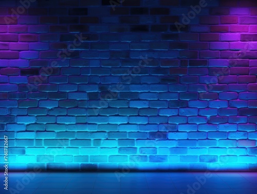 Neon colorful blue lighting on a brick wall pattern photo background