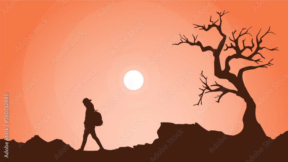 Traveler climb with backpack and travel walking sticks. silhouette of a person in the mountains. A Man hiking in the mountains. a person with backpack for hiking silhouette background Traveler climb with backpack and travel walking sticks. silhouette of a person in the mountains. A Man hiking in the mountains. a person with backpack for hiking silhouette background