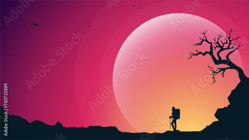 Traveler climb with backpack and travel walking sticks. silhouette of a person in the mountains. A Man hiking in the mountains. a person with backpack for hiking silhouette background © riansa28