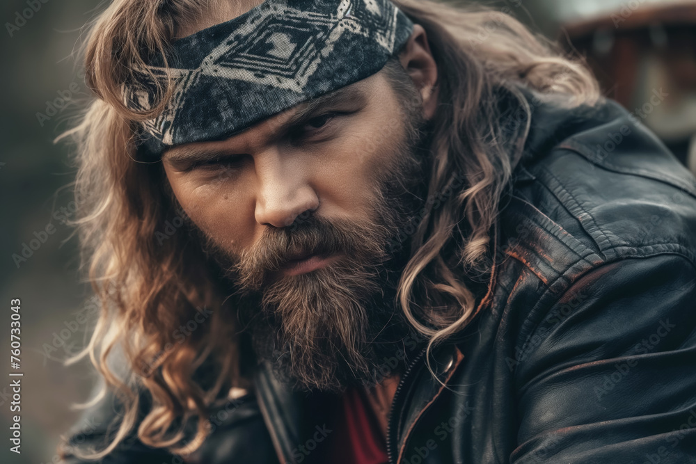 Outlaw biker - rough looking man in jacket, large beard and moustache, bandana on head. Closeup portrait. Generative AI Outlaw biker - rough looking man in jacket, large beard and moustache, bandana on head. Closeup portrait. Generative AI