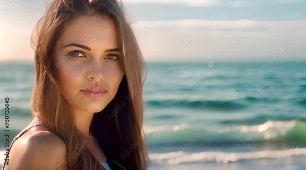 Closeup of brunette woman relaxing on the beach with crashing waves in the background at sunset Closeup of brunette woman relaxing on the beach with crashing waves in the background at sunset