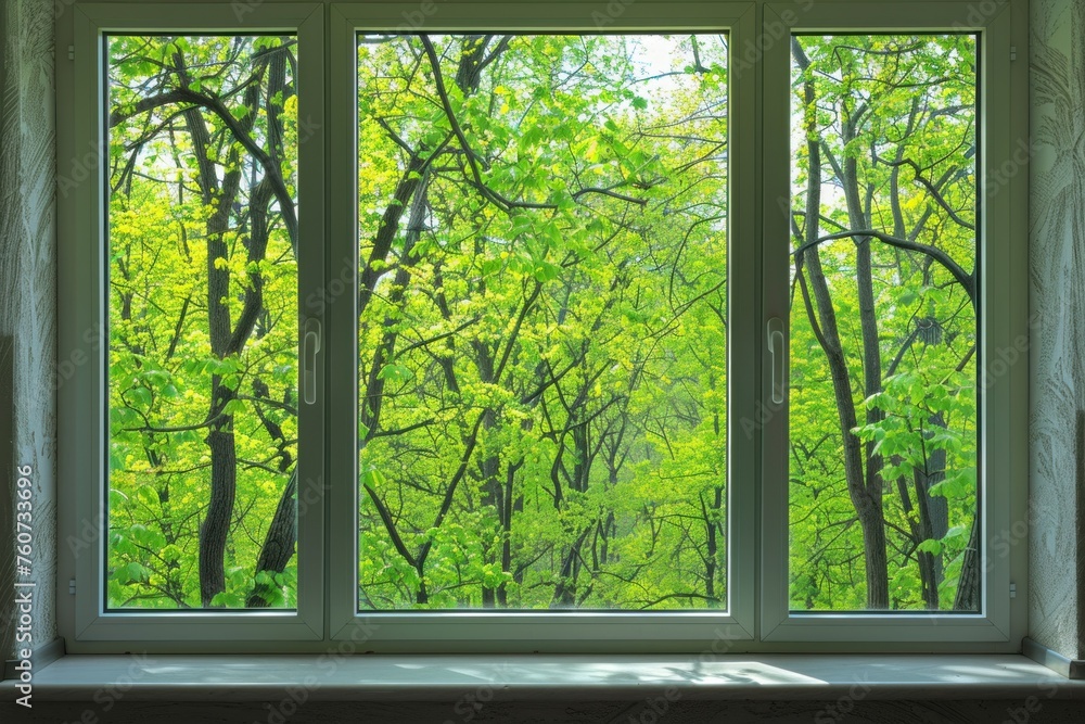 View through a clear window showcasing vibrant green leaves and branches outside. View through a clear window showcasing vibrant green leaves and branches outside.
