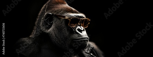 a gorilla wearing sunglasses and a leather jacket with a black background