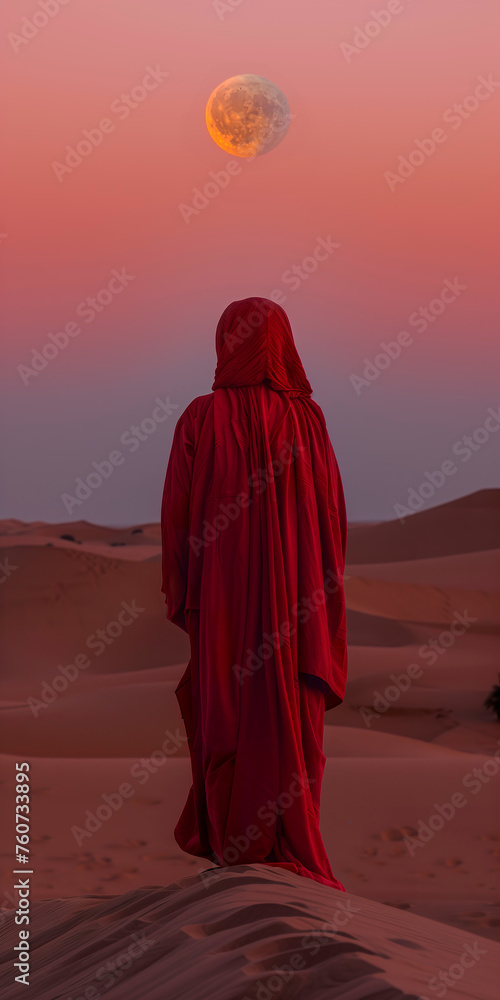 A woman wearing a red burqa standing peacefully in the desert contemplating the rising of the full moon. Arab woman wearing a red outfit on the sands of Dubai.
