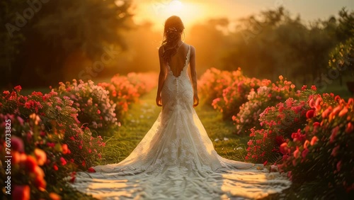 bride in a stunning white gown and veil stands poised against a sunset backdrop, exuding elegance and bridal beauty photo