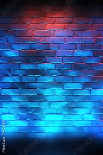 Neon colorful blue lighting on a brick wall pattern photo background
