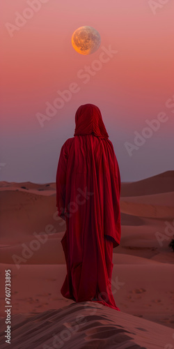 A woman wearing a red burqa standing peacefully in the desert contemplating the rising of the full moon. Arab woman wearing a red outfit on the sands of Dubai.