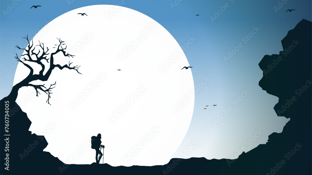 Traveler climb with backpack and travel walking sticks. silhouette of a person in the mountains. A Man hiking in the mountains. a person with backpack for hiking silhouette background Traveler climb with backpack and travel walking sticks. silhouette of a person in the mountains. A Man hiking in the mountains. a person with backpack for hiking silhouette background