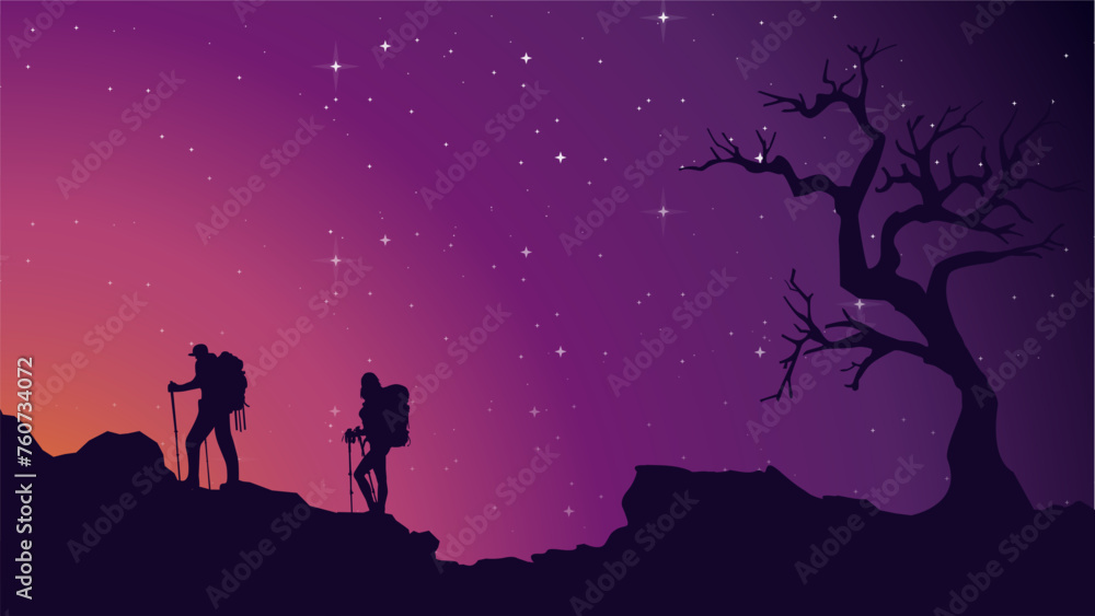Traveler climb with backpack and travel walking sticks. silhouette of a person in the mountains. A Man hiking in the mountains. a person with backpack for hiking silhouette background