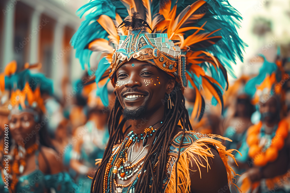 Vibrant image of a carnival performer in a dazzling feather headdress and traditional festive wear, full of energy