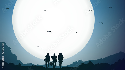 Traveler climb with backpack and travel walking sticks. silhouette of a person in the mountains. A Man hiking in the mountains. a person with backpack for hiking silhouette background