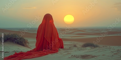 A woman wearing a red burqa sits peacefully in the desert watching the fading sunset. Arab woman wearing a red outfit on the sands of Dubai. © Vagner Castro