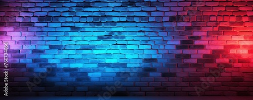 Neon colorful blue lighting on a brick wall pattern photo background