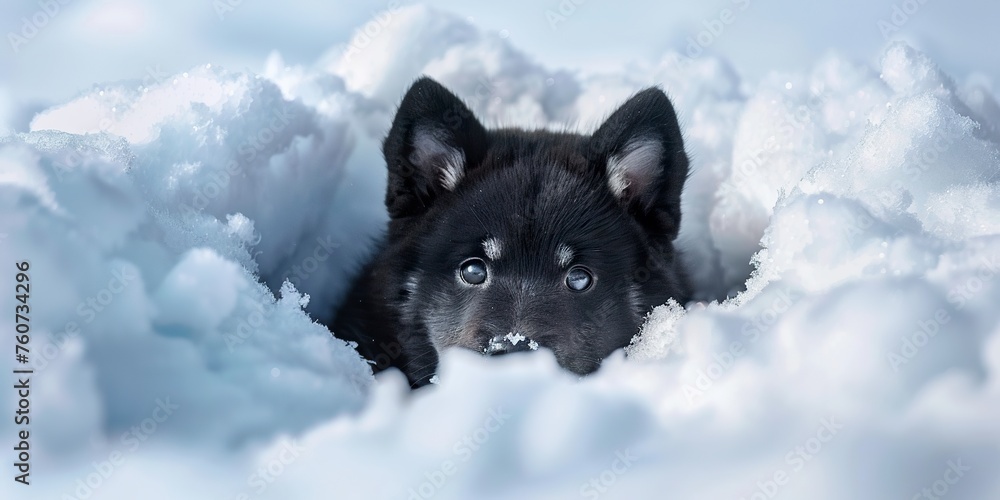 Obraz premium A little black shiba inu puppy peeking through a hole in the ship. Black shiba dog in the snow looking curious and playful.