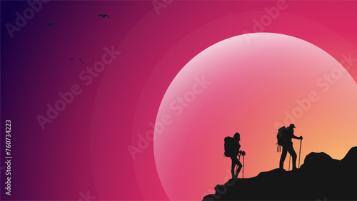 Traveler climb with backpack and travel walking sticks. silhouette of a person in the mountains. A Man hiking in the mountains. a person with backpack for hiking silhouette background