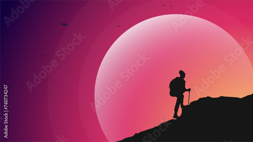 Traveler climb with backpack and travel walking sticks. silhouette of a person in the mountains. A Man hiking in the mountains. a person with backpack for hiking silhouette background