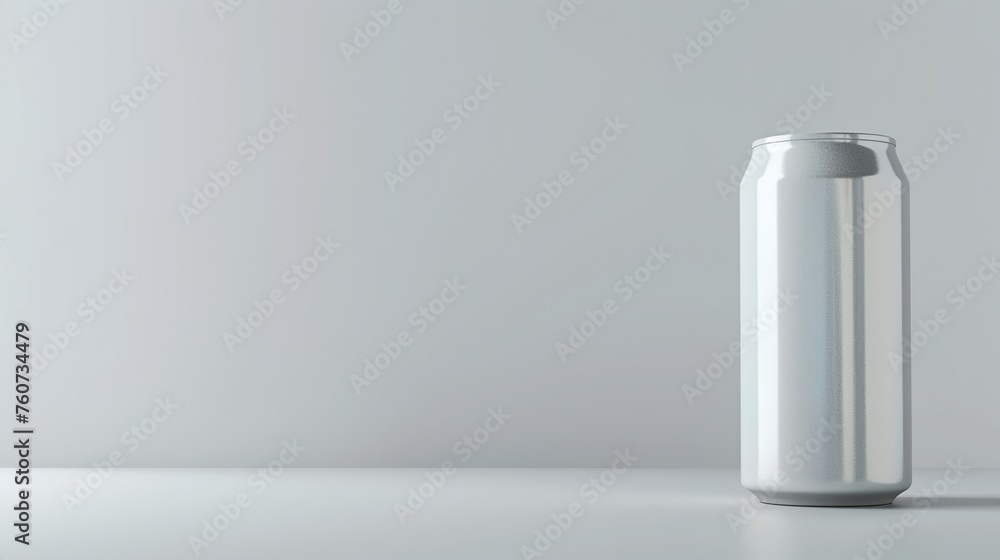 a can of soda on a white table with a gray background