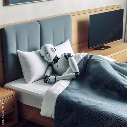 Modern humanoid robot sleeping in a hotel room bed.
