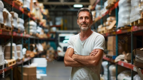 a man standing in a warehouse with his arms crossed