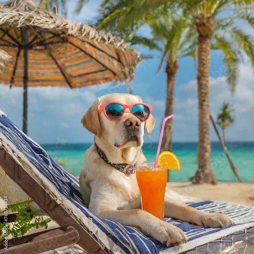 labrador dog with sunglasses at the tropical beach