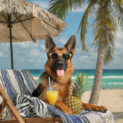 German shepherd dog on the ice floe on the deckchair sipping a pineapple soda