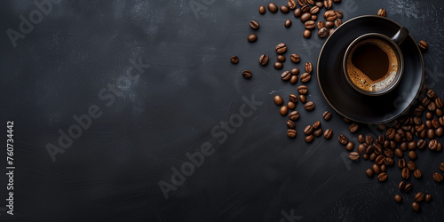 Minimalist 3D close up of a cup of coffee isolated on the dark beautiful tabletop, minimalist plain background with a lot of space for copy text, minimal flat lay composition with copyspace for menu