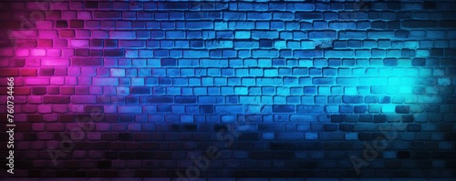 Neon colorful blue lighting on a brick wall pattern photo background