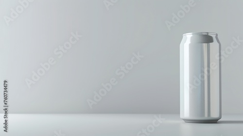 a can of soda on a white table with a gray background