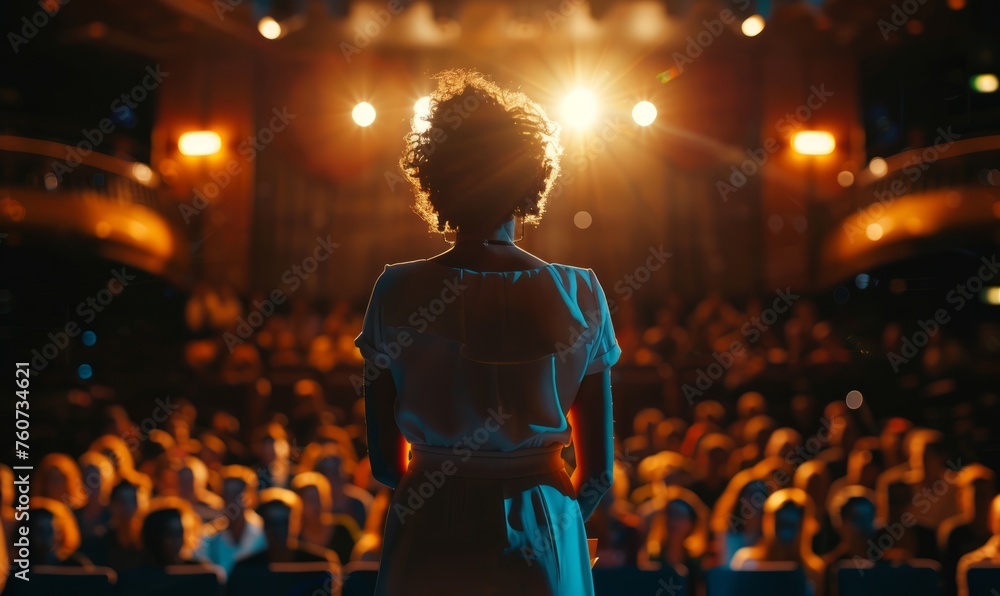 Businesswoman motivational speaker standing on stage in front of an audience for a speech at conference or business event. - obrazy, fototapety, plakaty 
