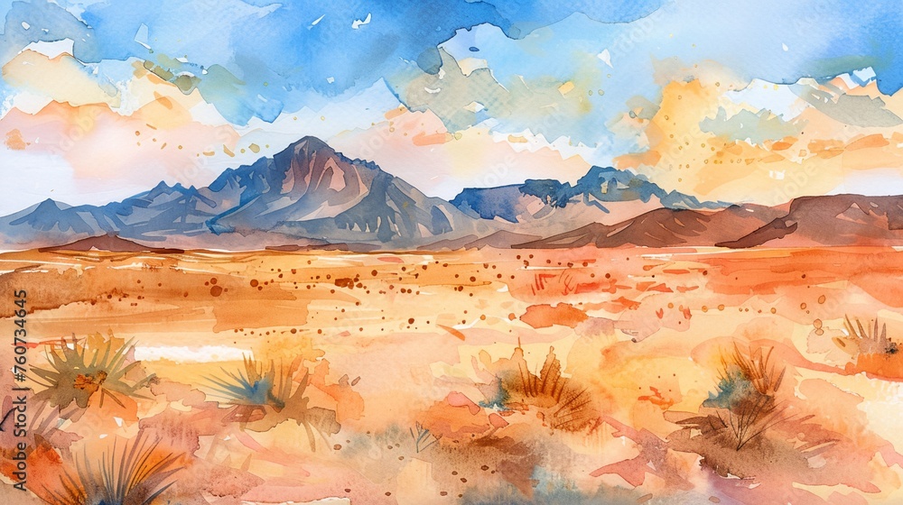 a painting of a desert with mountains in the background and a blue sky with clouds above it