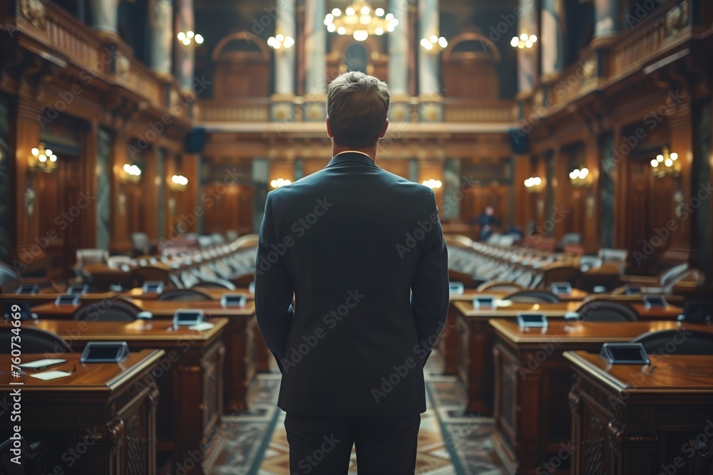 Man facing an empty parliamentary chamber Man facing an empty parliamentary chamber
