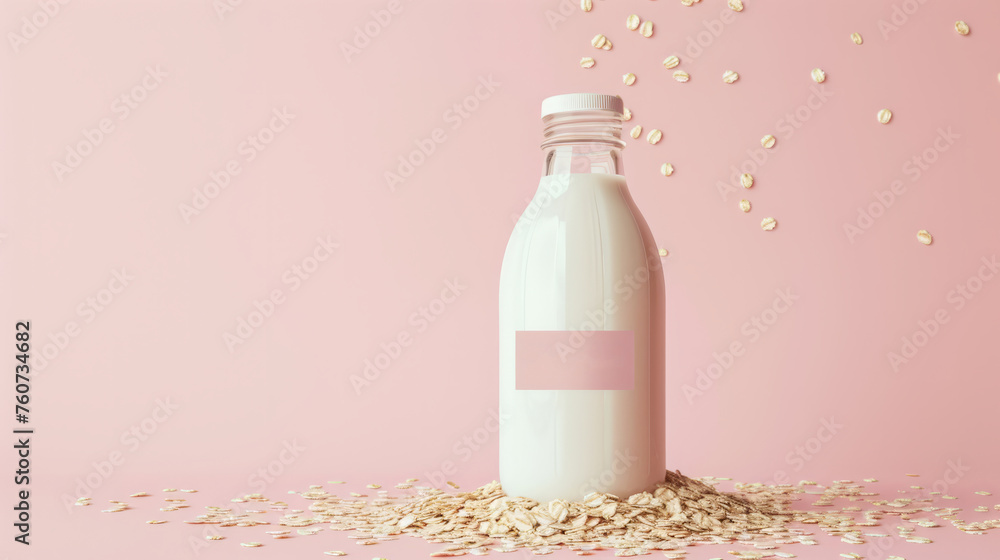 Close up bottle of oatmeal milk with a Close up bottle of oatmeal milk with a
