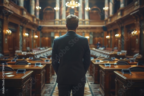 Man facing an empty parliamentary chamber © gearstd