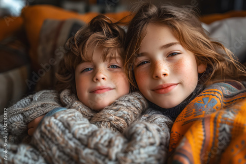 Close-up of a brother and sister sharing an affectionate cuddle in knitted sweaters
