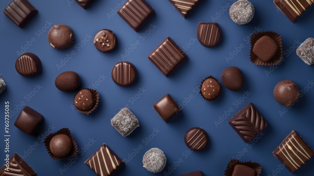 Assortment of fine chocolate candies, white, dark, and milk chocolate on blue background. Top view flat lay shot of chocolates. Assortment of fine chocolate candies, white, dark, and milk chocolate on blue background. Top view flat lay shot of chocolates.