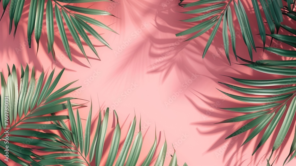 Tropical leaves Monstera and palm tree leaf on pink background. Flat lay, top view, generative ai
