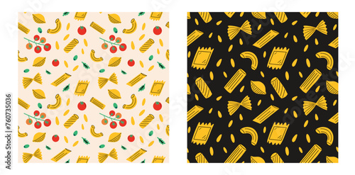 Seamless vector patterns set with different types of pasta. Collection of italian food elements illustration doodle patterns with tomato, olives, basil, macaroni, farfalle, rigatoni, penne, cavatelli
