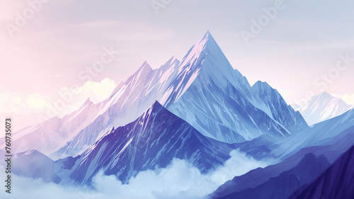 minimalist mountain landscape with sharp, geometric peaks rising against a soft, pastel color sky, illustration