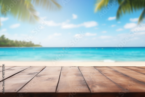 Beautiful blurred sea tropical beach background view with empty rustic wooden table for mockup product