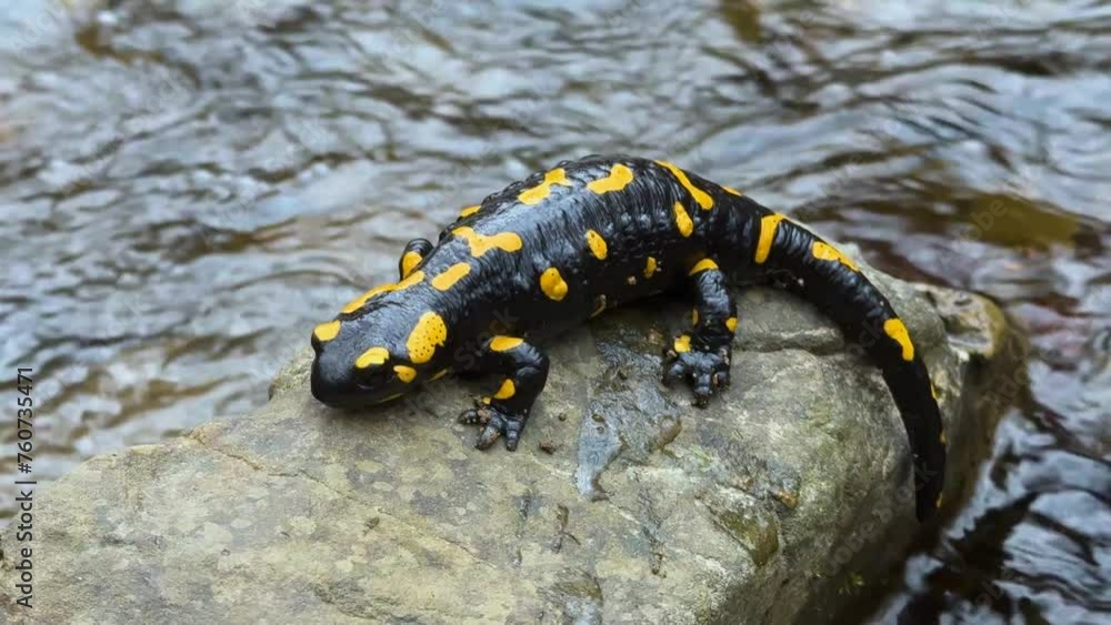 a clear mountain river from the peaks of the Carpathians, it is inhabited by fire salamanders, beautiful rare slow-moving amphibians a clear mountain river from the peaks of the Carpathians, it is inhabited by fire salamanders, beautiful rare slow-moving amphibians