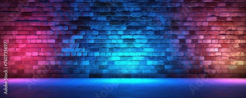 Neon blue lighting on a brick wall pattern photo background