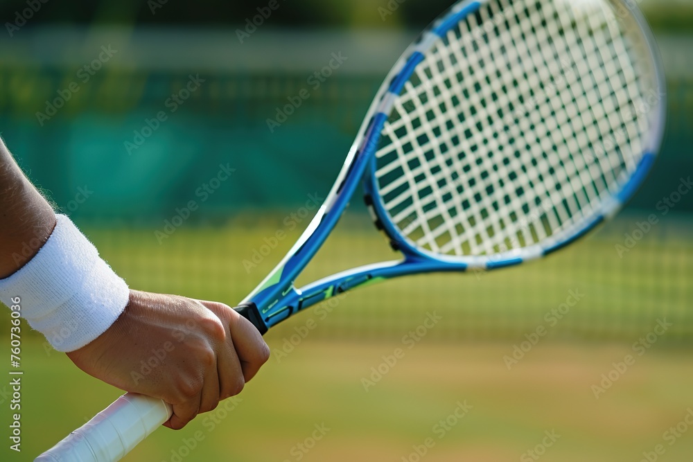 Close-up of a tennis player's hand gripping a racket on the court.