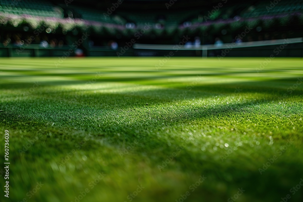 Lush green tennis court grass with a blurred background.