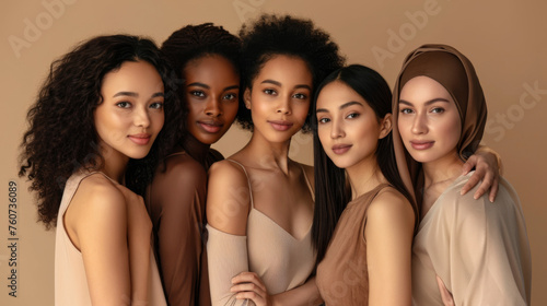 Women of diverse ethnicities are posing together, smiling in front of a neutral background